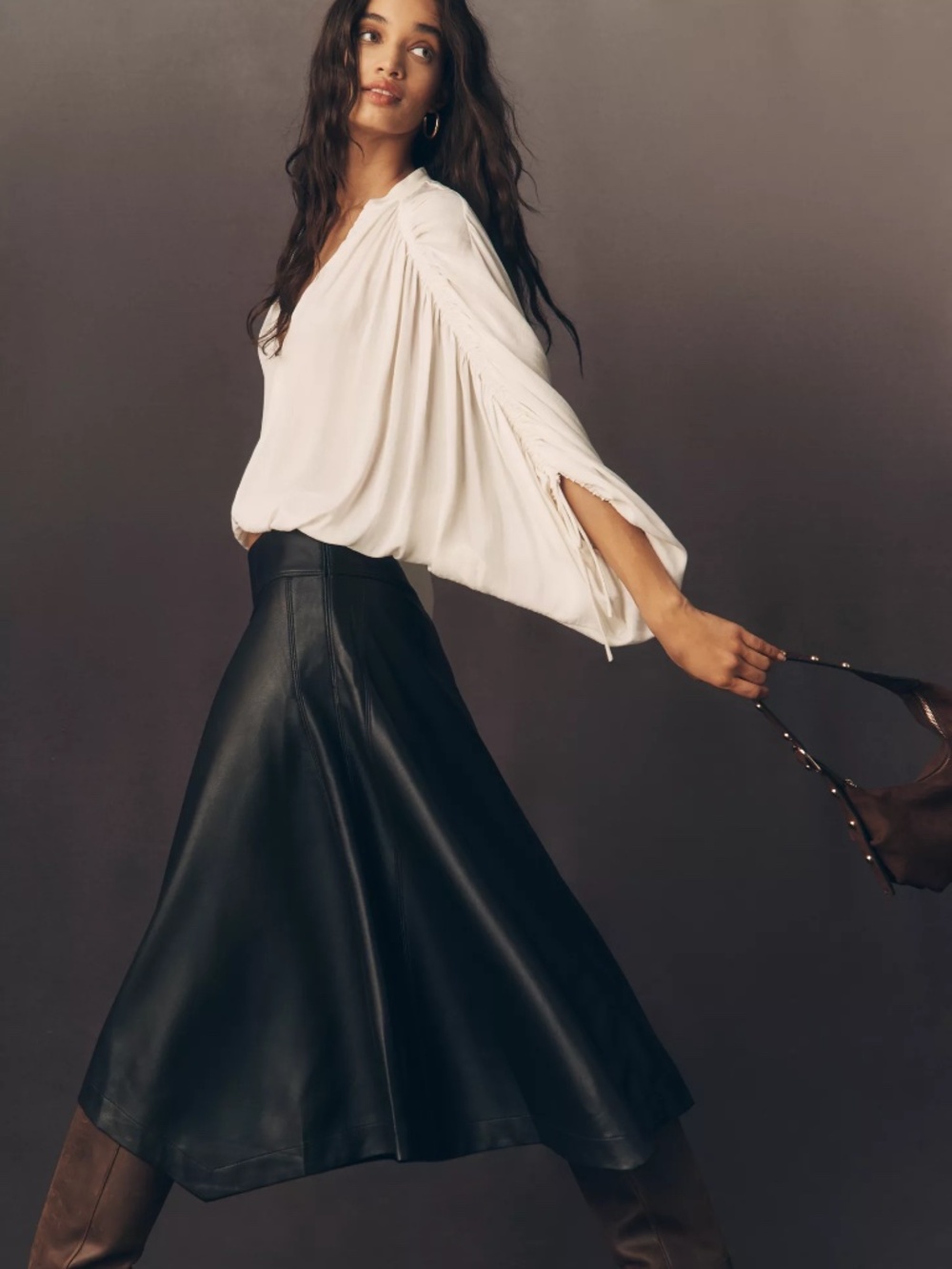 By Anthropologie Faux Leather Midi Skirt in Black nwt